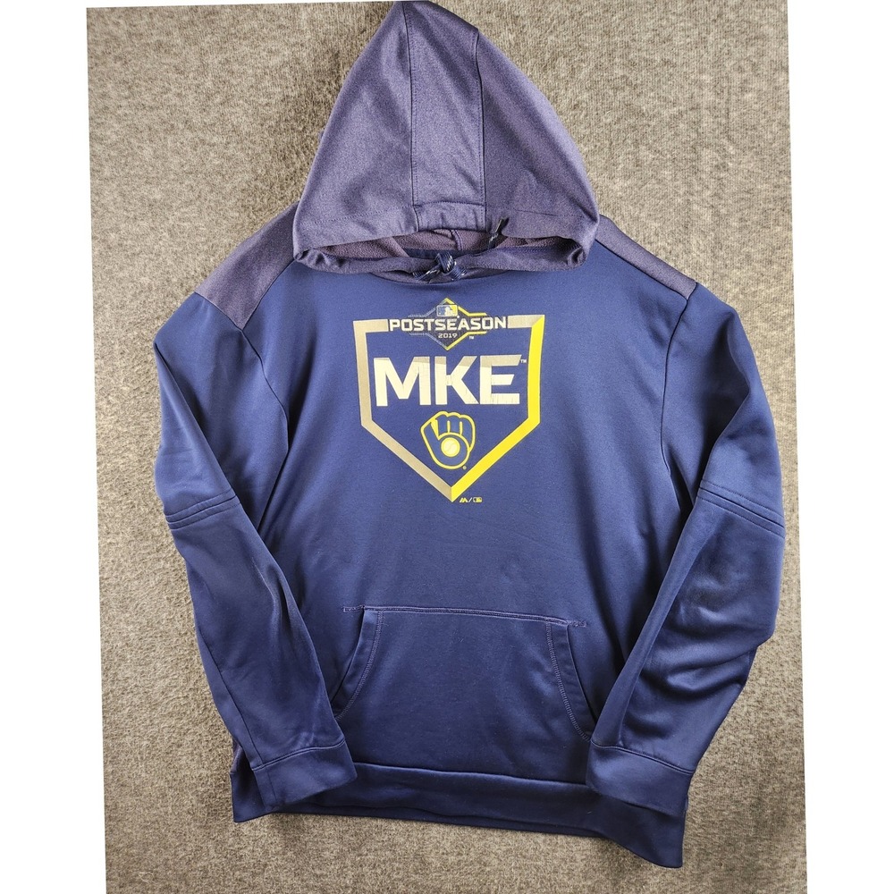 Majestic Milwaukee Brewers 2019 Postseason MKE Hoodie Navy Blue Mens XL